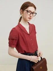 FSLE Commuting Retro Sense Small Lapel V-neck Shirt for Women Simple Loose Solid Color All-match Top Shirt Female Summer Niche