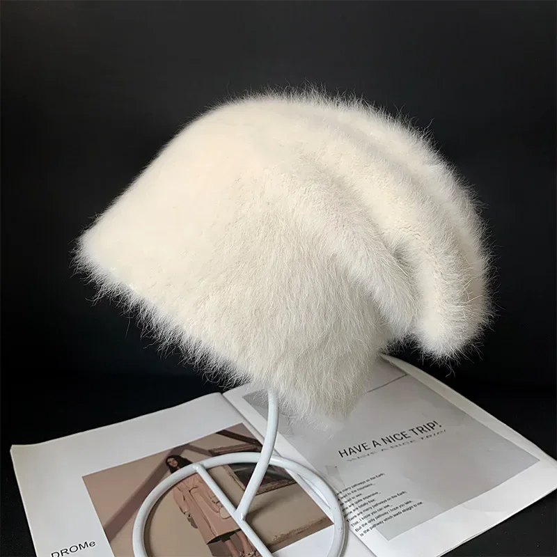 2024New Farben Weiche Kaninchen Fell Mützen Winter Hut für Frau Luxus Flauschigen Gestrickte Hut Motorhaube Dame Herbst Winter Warme Skullies kappe – Detail 1