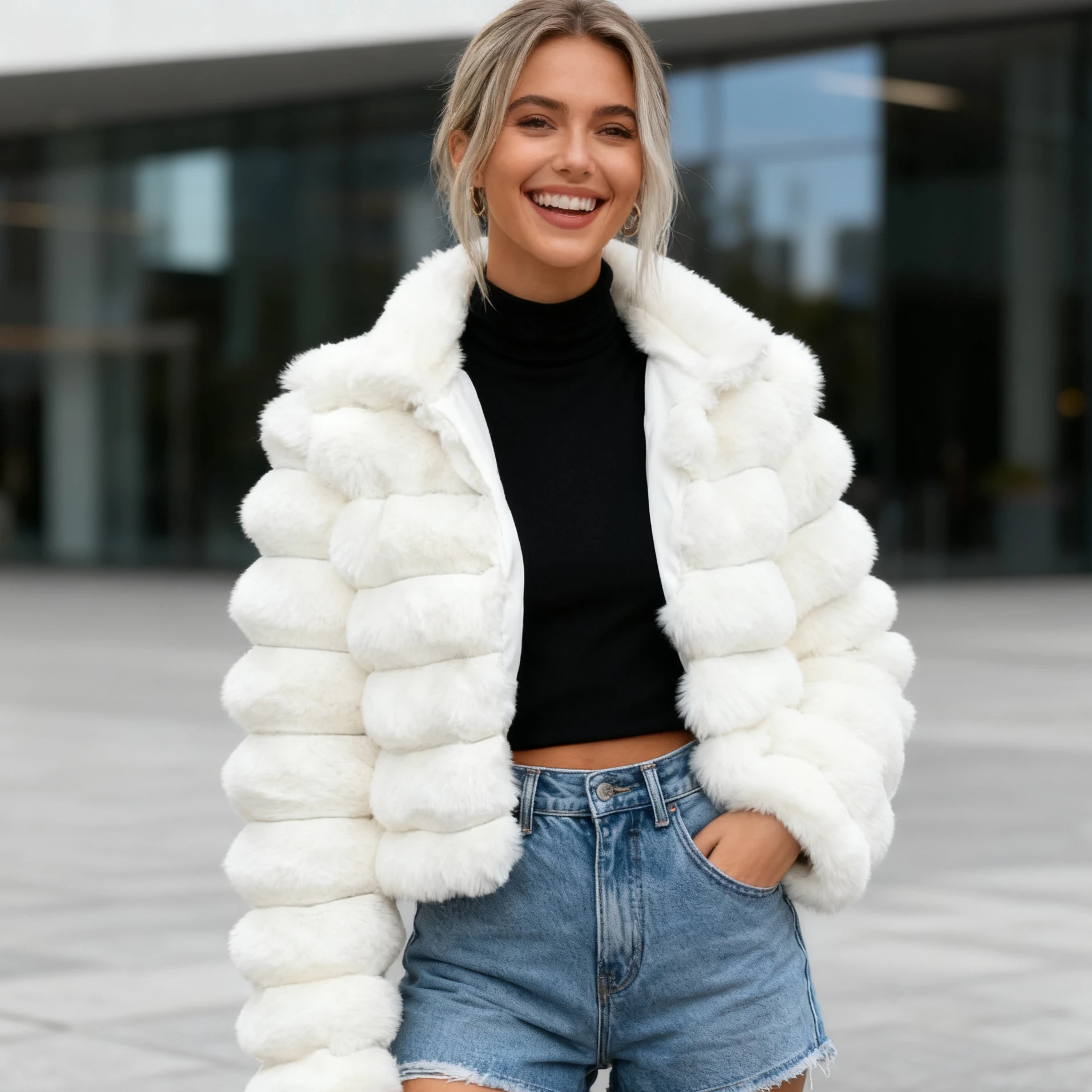 

White Faux Fur Women Coats Stand Collar Full Sleeve Short Coat Thick Warm Punk Temperament Elegant Splice Autumn Winter 2024