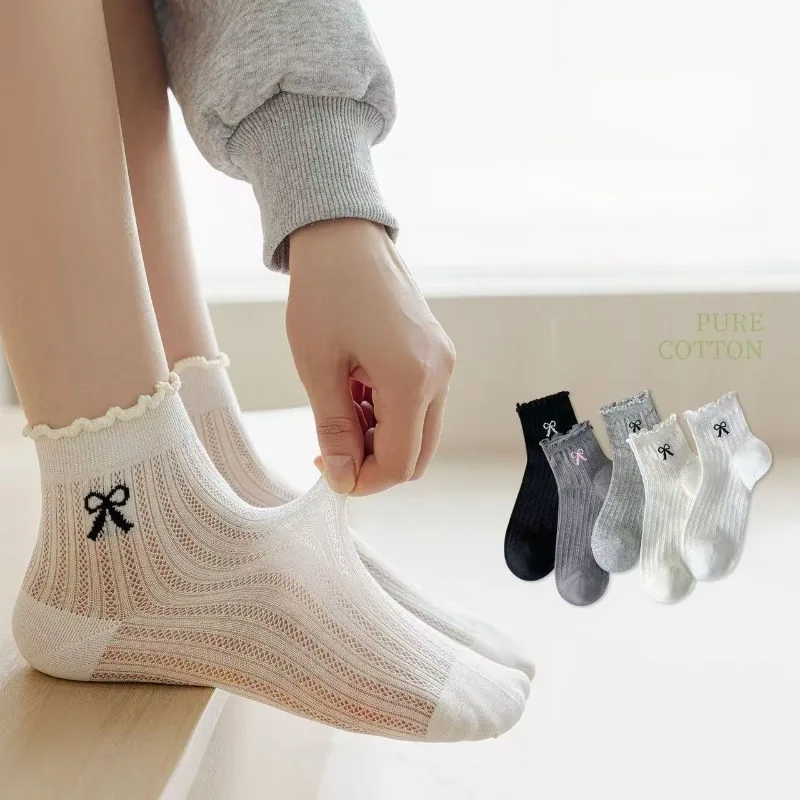 5 Pairs Women's Pure Color Bowknot Summer Thin Mesh Breathable Mid-calf White Socks Girl's Socks Cheap Korean Style Frilly Socks
