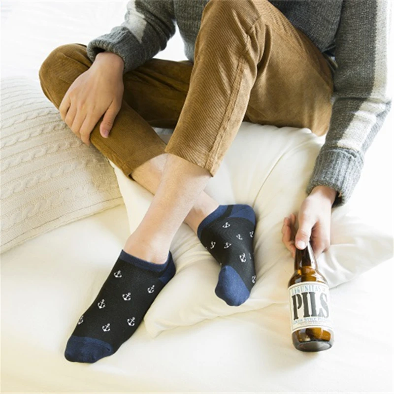 Navy Wind Men Breathable Fashion Blue Anchor Star Stripes Rudder Patterned Soft Cotton Short Ankle Socks Casual Business