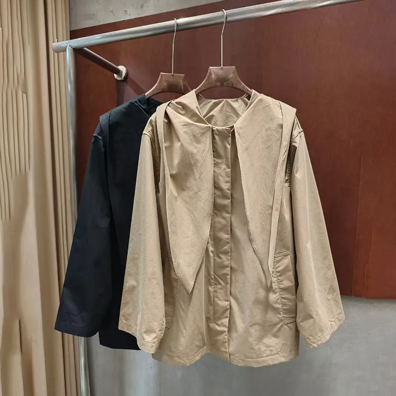 Women's Scarf-Collar Jacket, Fashionable Casual Loose-Fit Short Trench Coat, High-Quality Hooded Coat, 2026, New Arrival, Y2K
