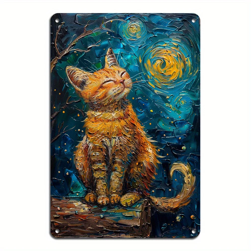 1PC Notte stellata ispirata al gatto pittura a olio metallo ferro segno 8x12 pollici vintage ferro arte della parete per casa bar garage unico gatto poster