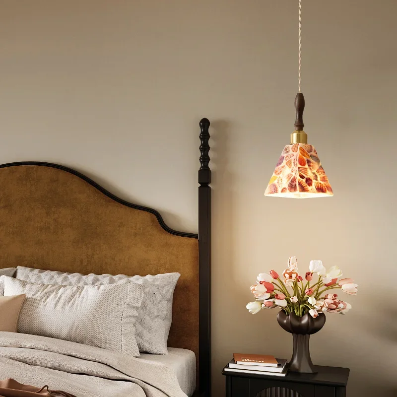 Medieval style bedroom small chandelier solid wood personalized bedside lamp creative art glass lampshade entrance aisle lamp