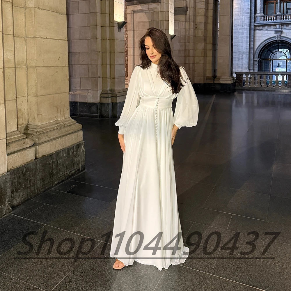 Dostosowane O-neck biała szyfonowa drapowana suknia wieczorowa ozdoba na guziki pełne rękawy ILLUSION linia A długość do podłogi na imprezę bal suknia