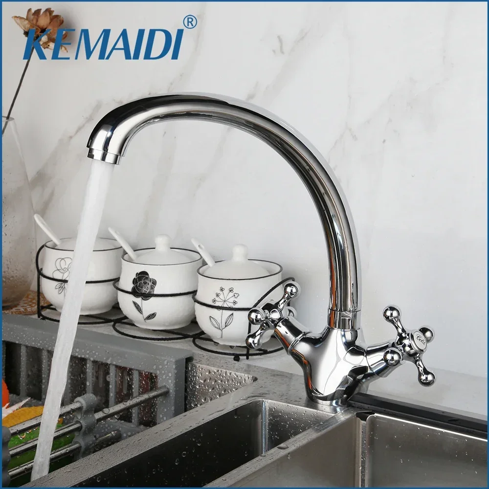 KEMAIDI Chrome Finished Kitchen Sink Faucet Double Handle Hot and Cold Water Mixer Tap Deck Mounted Torneira Cozinha