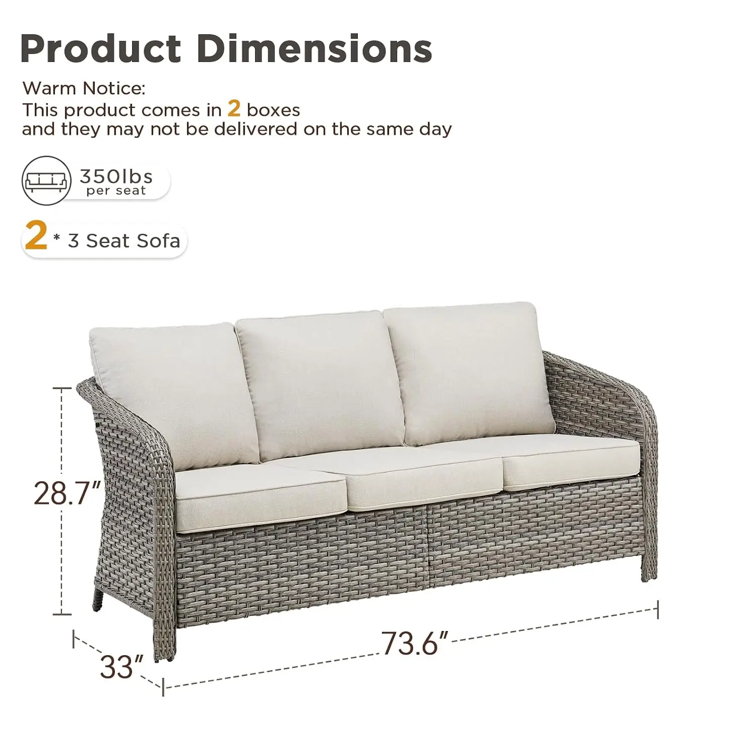 Outdoor Patio Sofa Set, 3-Seater PE Rattan Furniture With Beige Cushions, All-Weather Wicker Sectional For Garden,, Customized