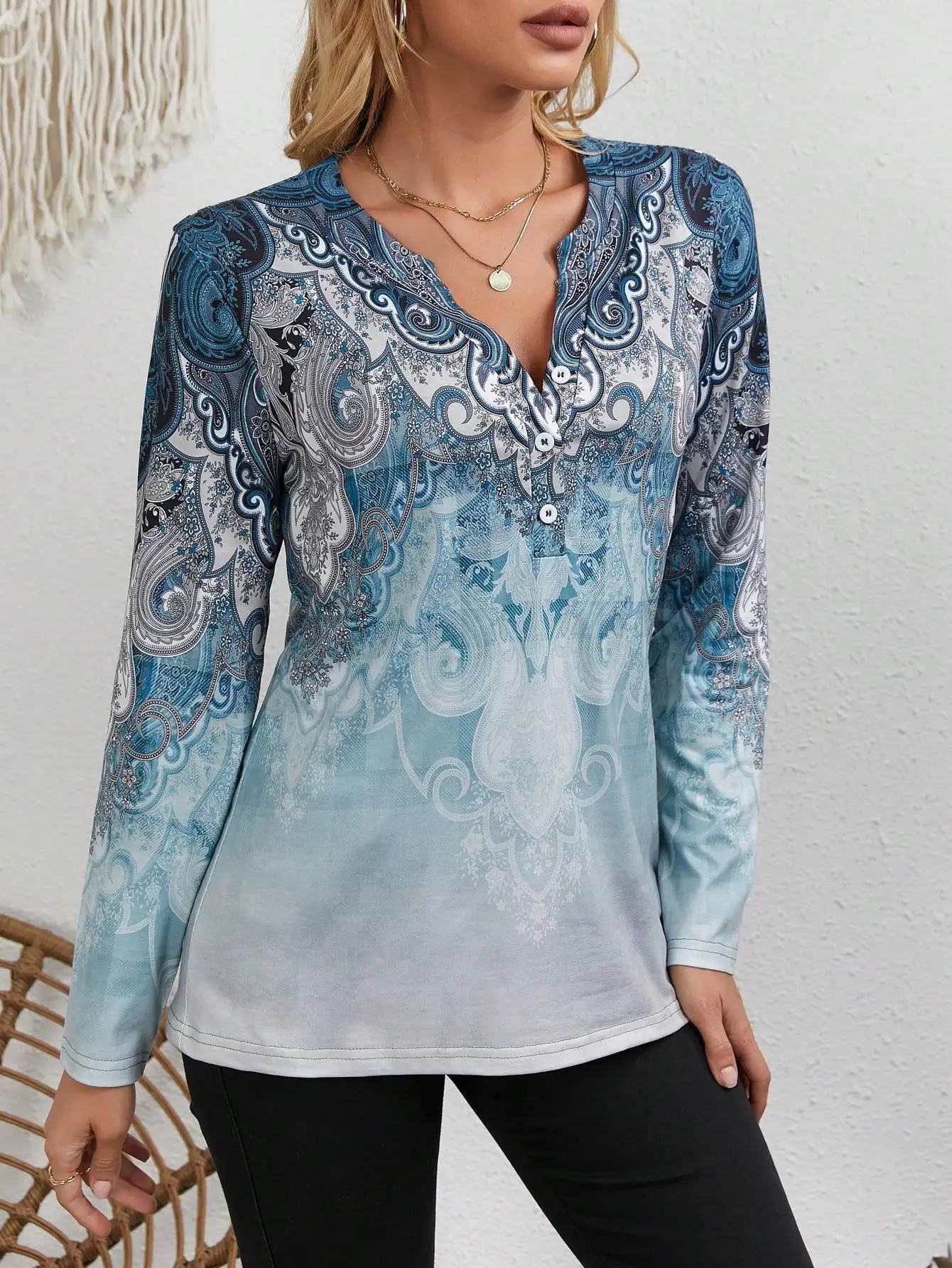 Women's Ethnic-Style Top: Vintage Print, Long Sleeve, V-Neck, Button-Front Blouse