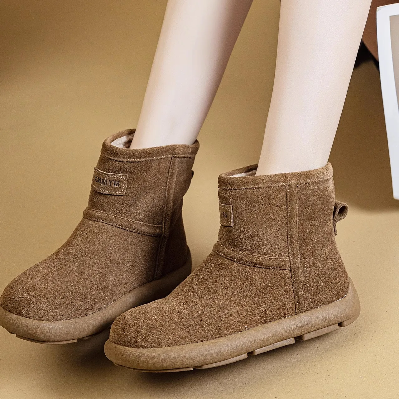 

Warm Fleece Lined Mid-Calf Snow Boots Women's New Style Bread Cotton Shoes Flat Bottom Warmth Leather Upper Rubber Sole