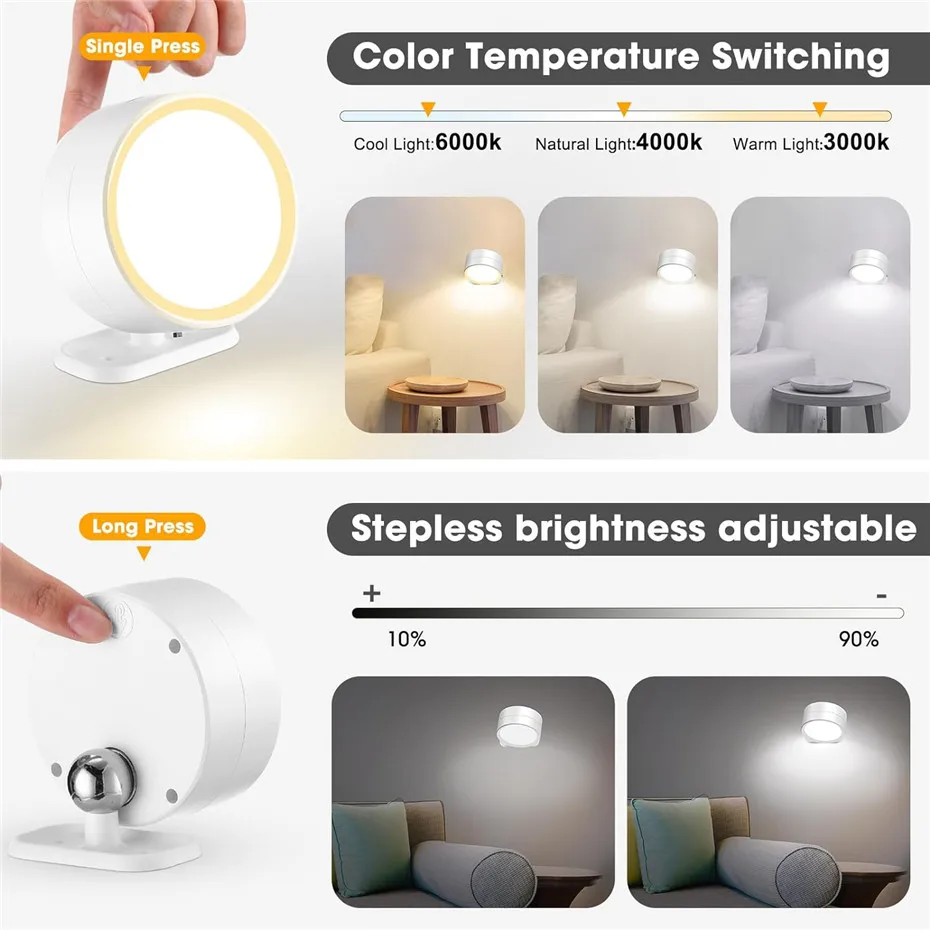 Magnetic LED Wall Lights 360° Rotation Touch With Remote Control 12 Colors Dimmable Brightness for Bedroom Wireless Bedside Lamp