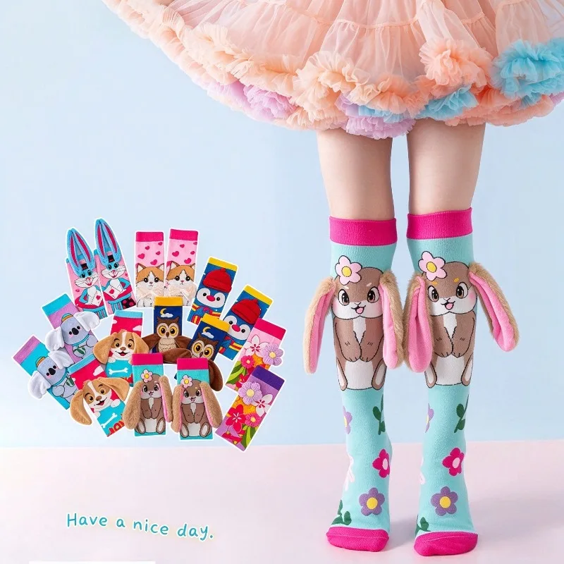 New Kids Socks 3D Cartoon Animal Ears Girls Crew Socks, Straight Tube Over The Knee Long Socks, Christmas Halloween Holiday