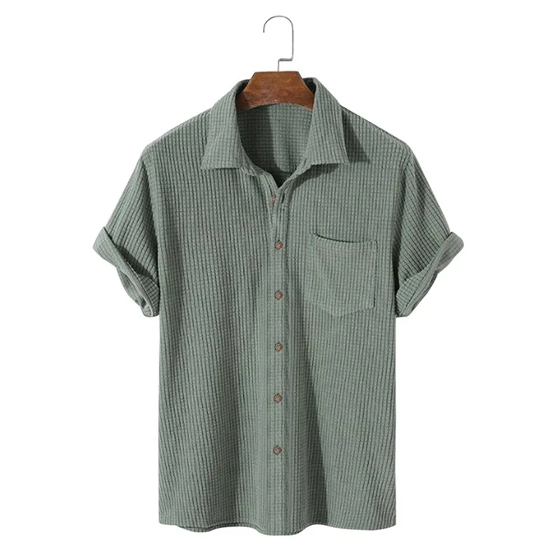 

2023 Summer New Fashionable Casual Solid Color Single-breasted Turn-down Shirt Chic Single Pocket Design Clothing for Men Retro