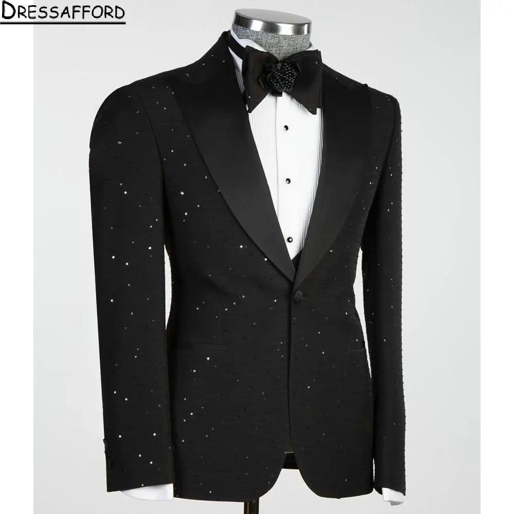 Black Crystal Three Pieces Men Suits Formal Party Groom Wear ( Jacket + Vest + Pants )