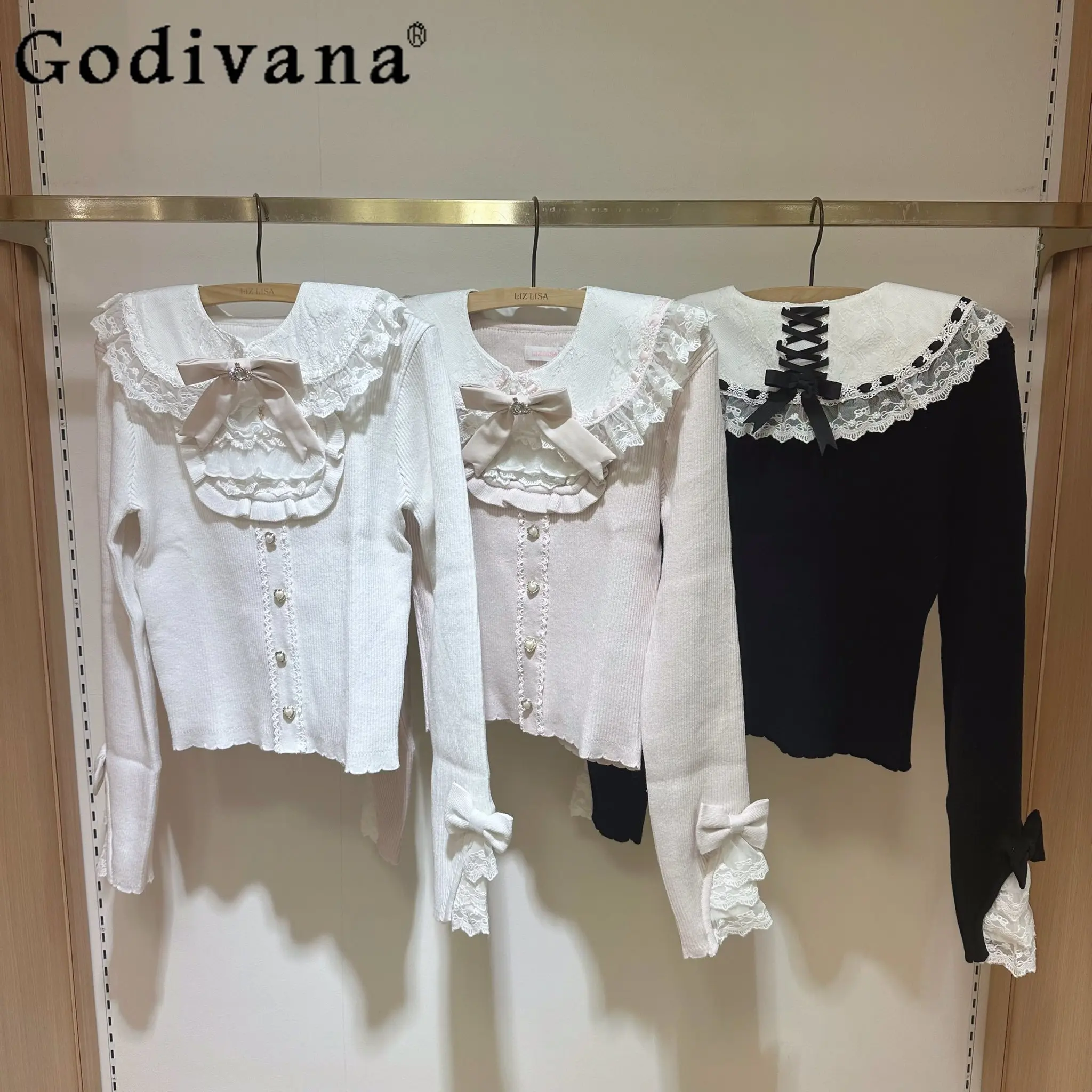 

Liz Knit Tops Spring and Autumn New 2025 Japanese Style Cute Girl Sweet Bow Lace Knitted Pullover Women's Slim Elegant Sweater