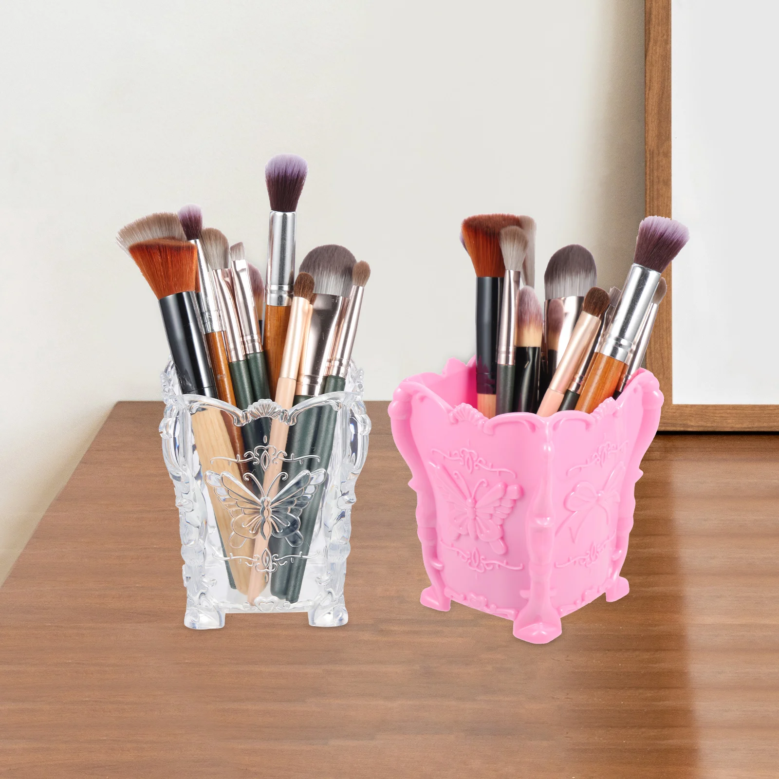 

2Pcs Makeup Brush Holder Organizer Transparent Brush Storage Bucket Pen Holder Desktop Organizer Pen Container