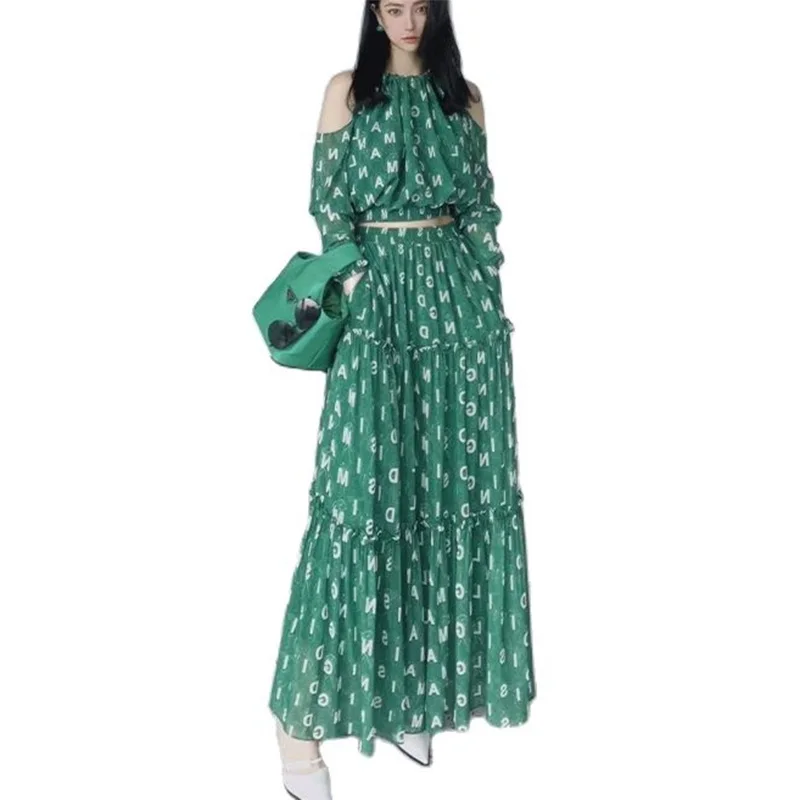 Spring Summer Letter Print Suit Long Sleeve Off Sholder Shirt Crop Top And Maxi Long Skirt Two Piece Set Women Design Clothes