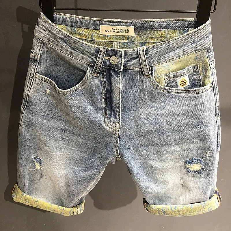 Summer Men's Short Pants Thin Denim Five-Point Print Hole Middle Pants Korean Version Slimming Trendy Brand Internet Celebrity