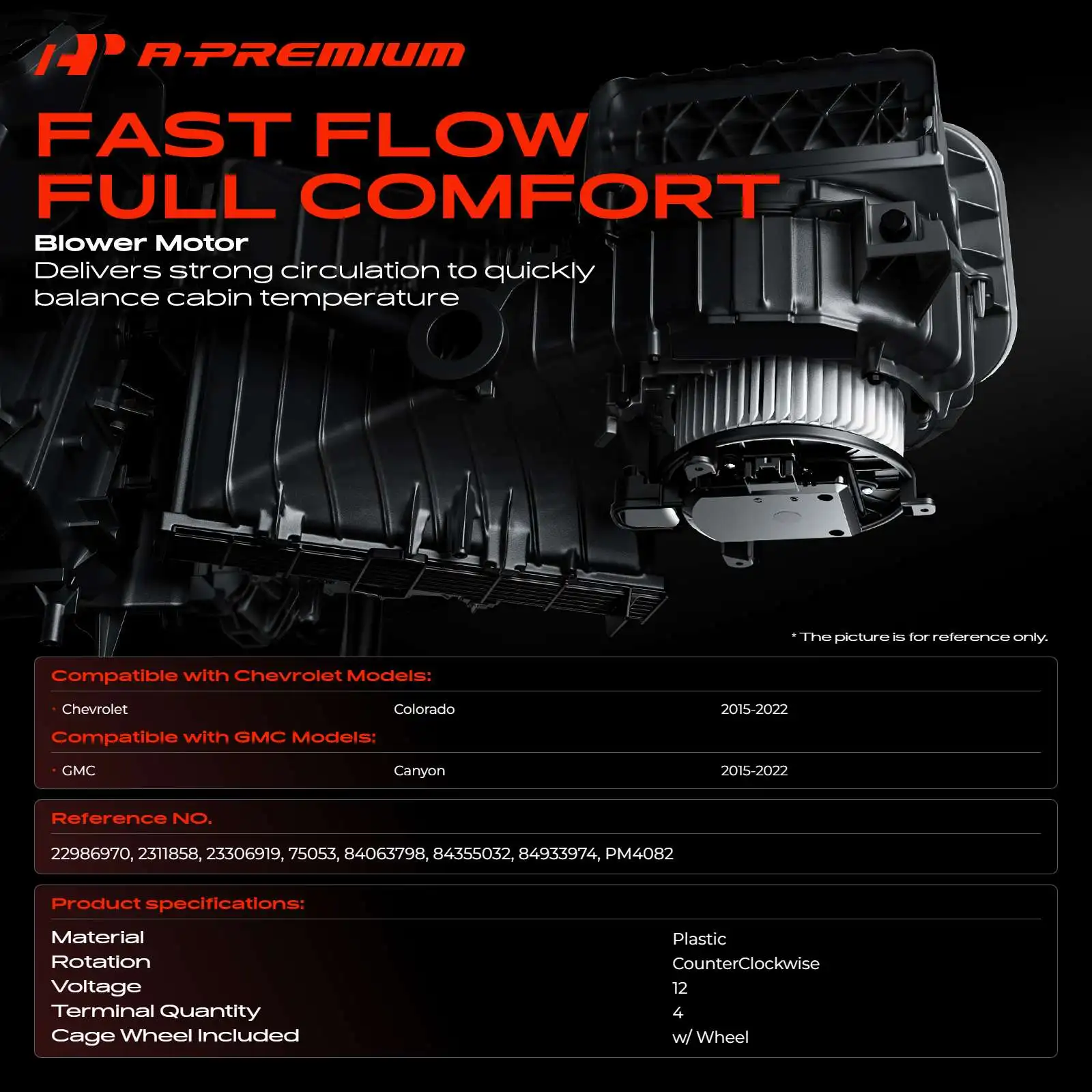 A-Premium Blower Motor with Fan Cage for Chevrolet Colorado 2015-2022 GMC Canyon 2015-2022