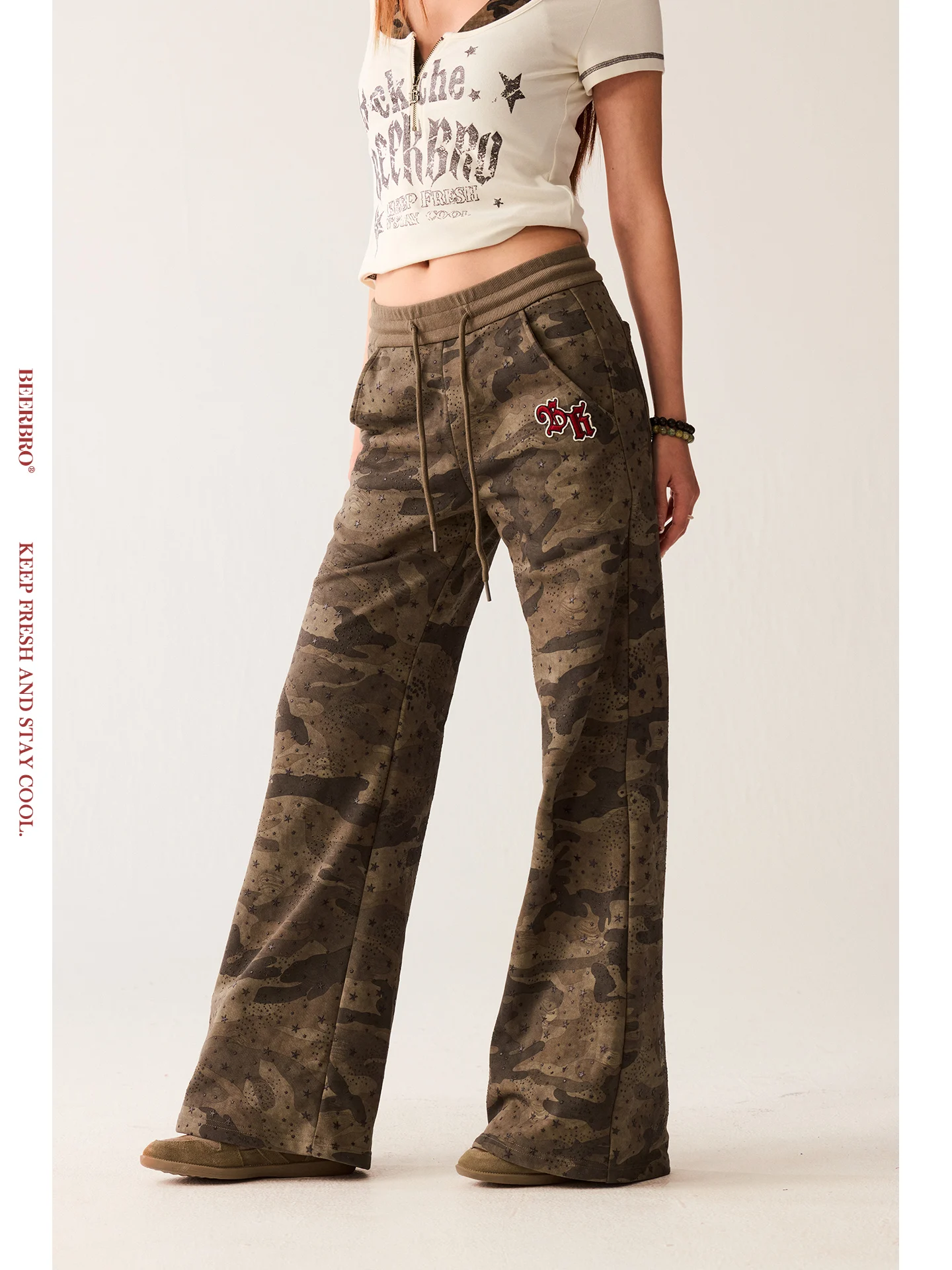 

BeerBro Retro Star Pattern Thickened Board Shorts Camouflage Bell Bottom Pants Women's Cotton Casual Trousers Vintage Sound Wave