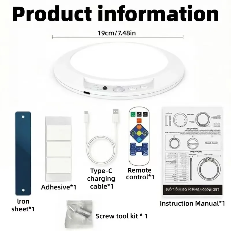 Motion Sensor Ceiling Light USB Type-C Rechargeable Magnetic Lamp Wireless Wall Lamp Remote LED Night Light For Kitchen Coatroom image 2