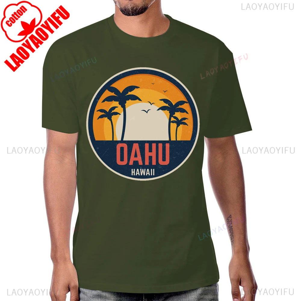 شجرة جوز الهند شاطئ الغروب OAHU هاواي تي شيرت تقليدي الصيف نمط قصير الأكمام رجل التي شيرت Harajuku التنفس الراحة القطن تيز