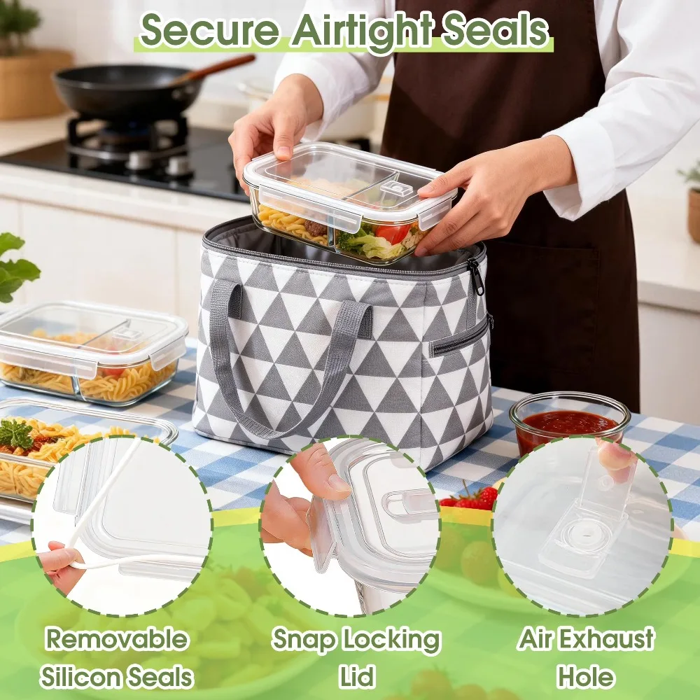 Glass Food Storage Containers with Dividers 8-Piece Meal Prep Set Leak-Proof Bento Lunch Boxes Microwave Oven Dishwasher Freezer Safe Glass Tupperware view 4