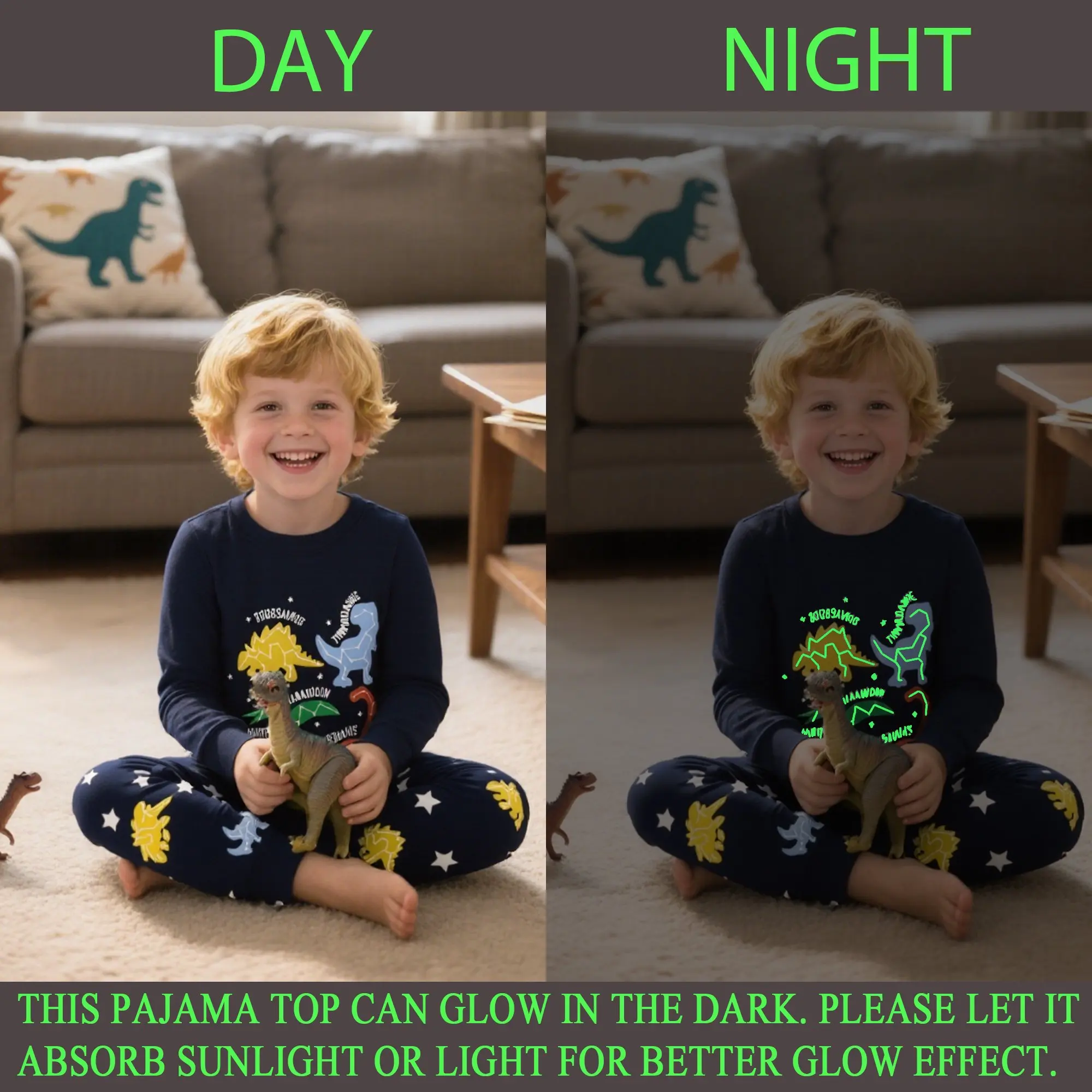 Little Hand Toddler Boy Clothes Set Kids Dinosaur Cotton Pajamas Glow In Dark Long Sleeve Night Wear Home Outfit for 2-7T