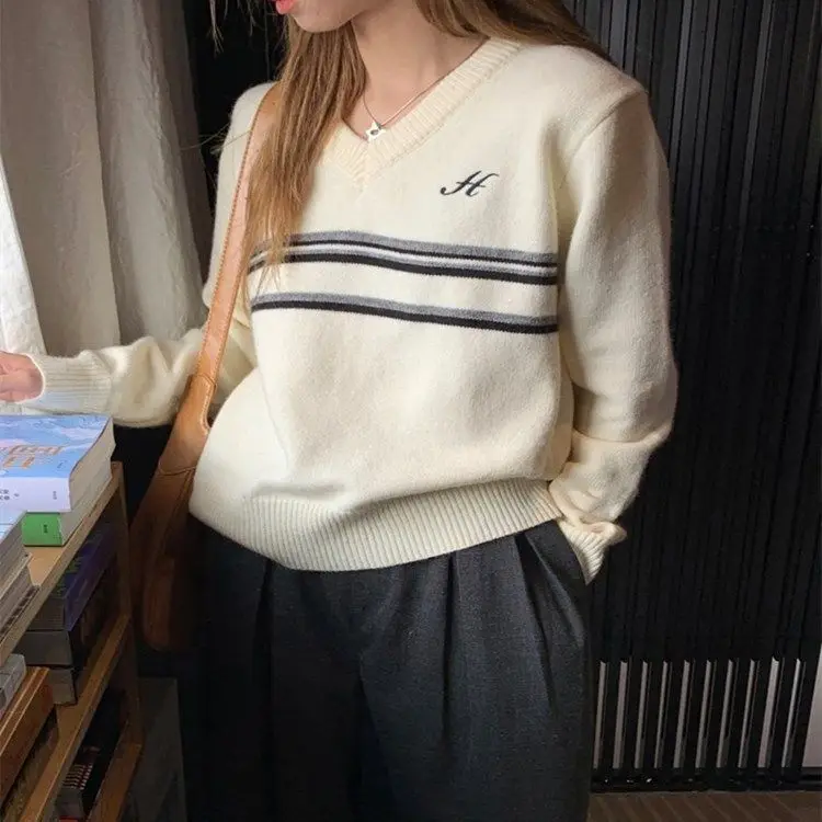 Sweater Loose Fashion Lazy Style Retro Stripe V-Neck Long Sleeve Knitted Shirt Women'S Ins Trend Autumn Winter