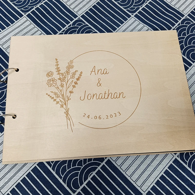 Personalized Name And Date Calligraphy Guest Book Laser Engraved Wedding Guest Book,Rustic Floral Wooden Guestbook,Sign-in Book