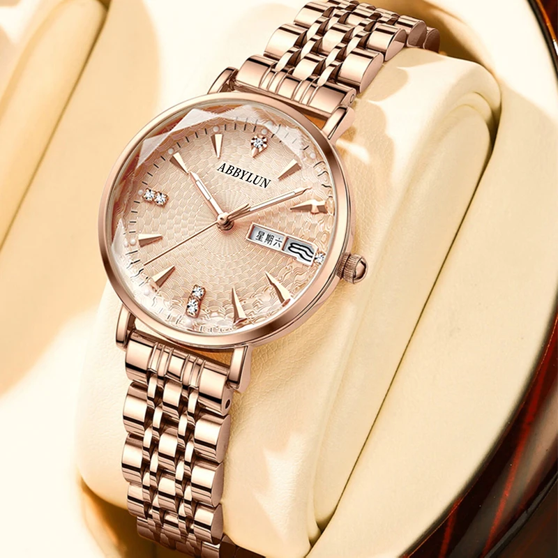 Abbylun 312 Women's Quartz Watch Elegant Minimalist Design Waterproof Luminous Stainless Steel Week Calendar Ladies Watches
