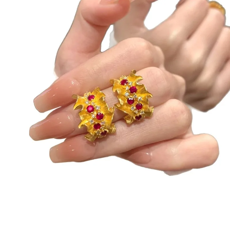 الفرنسية الرجعية مايكرو الماس الدانتيل وأقراط للنساء ضوء الموضة الفاخرة الراقية أقراط الأحجار الكريمة الحمراء للزوجة والفتاة #5