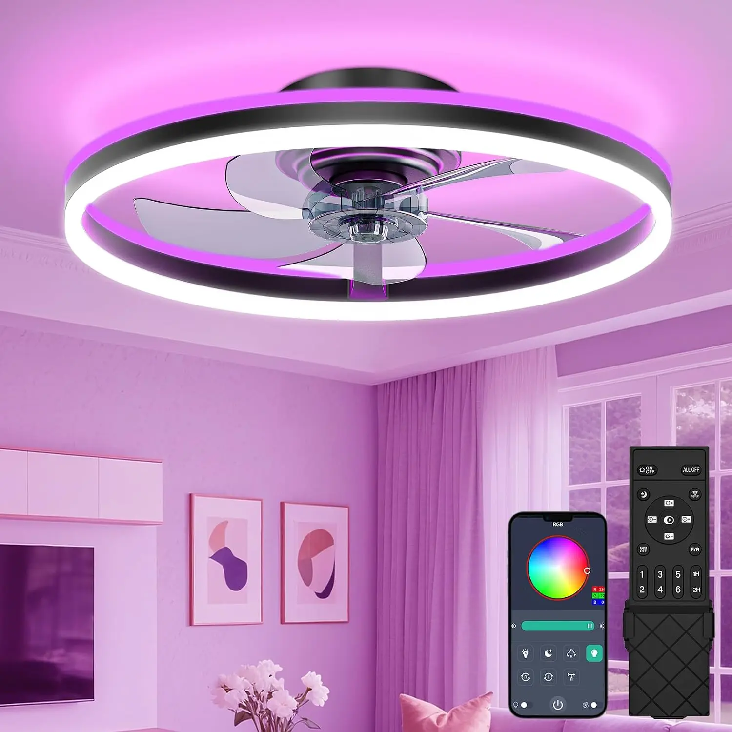 RGB Low Profile Flush Mount Ceiling Fan Light Remote Dimmable Fandelier Bedroom Bladeless