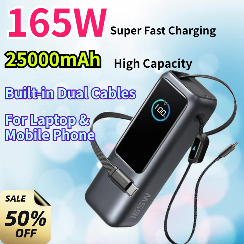 25000mAh 165W  A1695 Portable Charger Built-in Dual Cable Power Bank Fast Charge for Notebook Smartphone