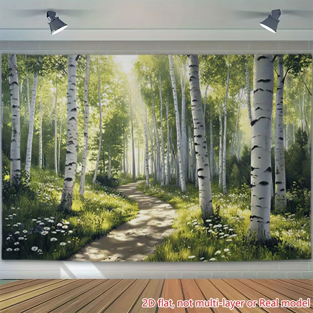 Sunlight Birch Forest Path Green Nature Scenery 2D Flat Tapestry Backdrop For Living Room Decor Peaceful Woods Wall Hanging Art