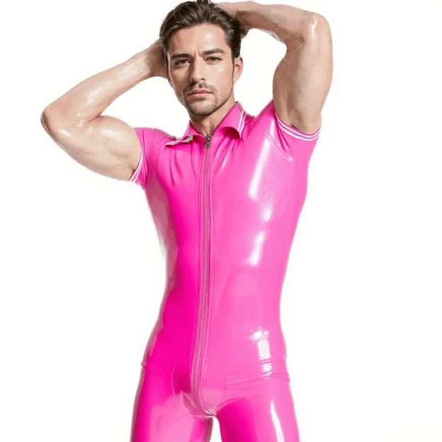 

customized rubber bodysuit men's pink latex short sleeve zip front jumpsuit rubber bodysuit with collar clubwear cosplay
