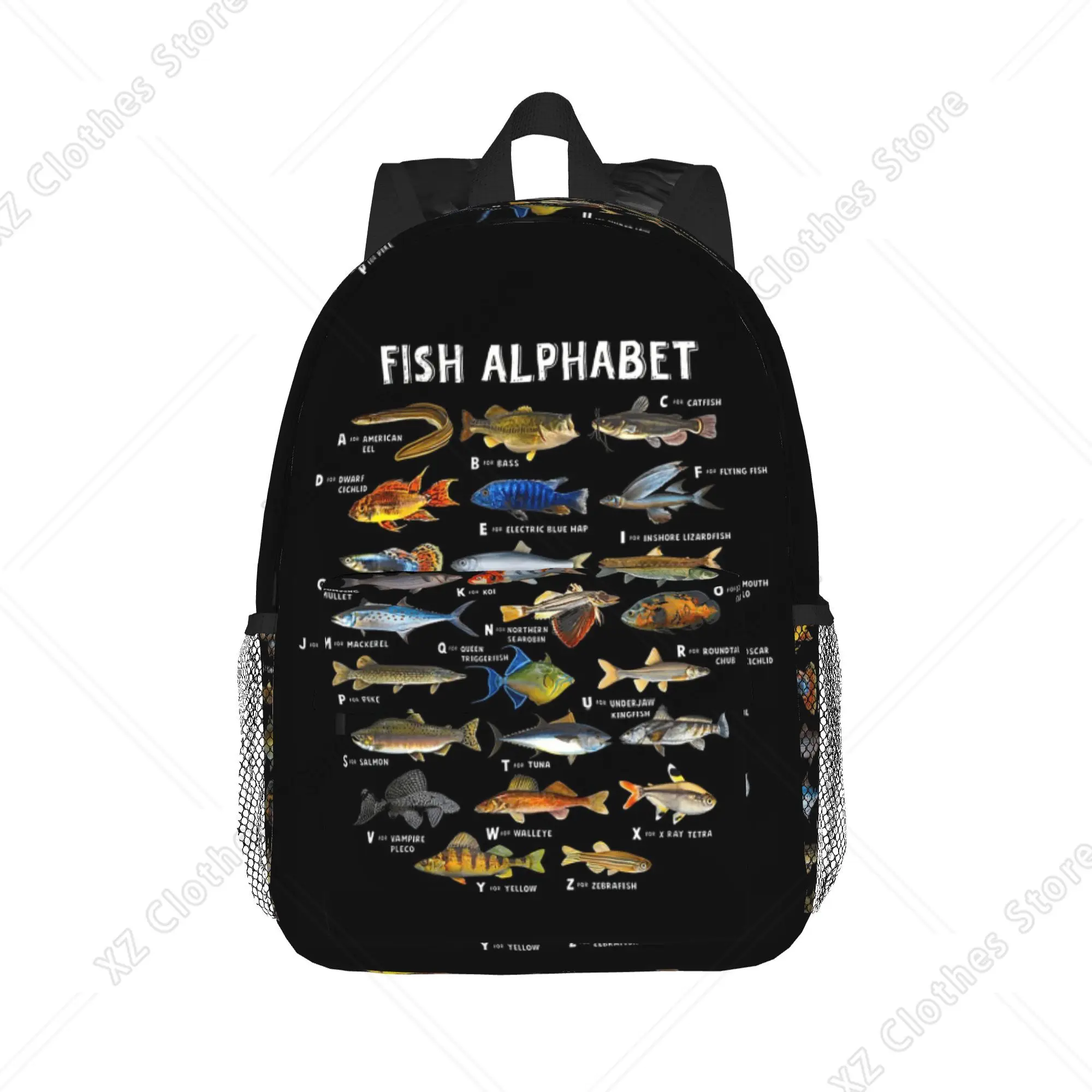Fish Alphabet Educational Freshwater Species Fishing Backpack Hot Sale Daypack BookBag Shoulder Bags for Men Women School Bag