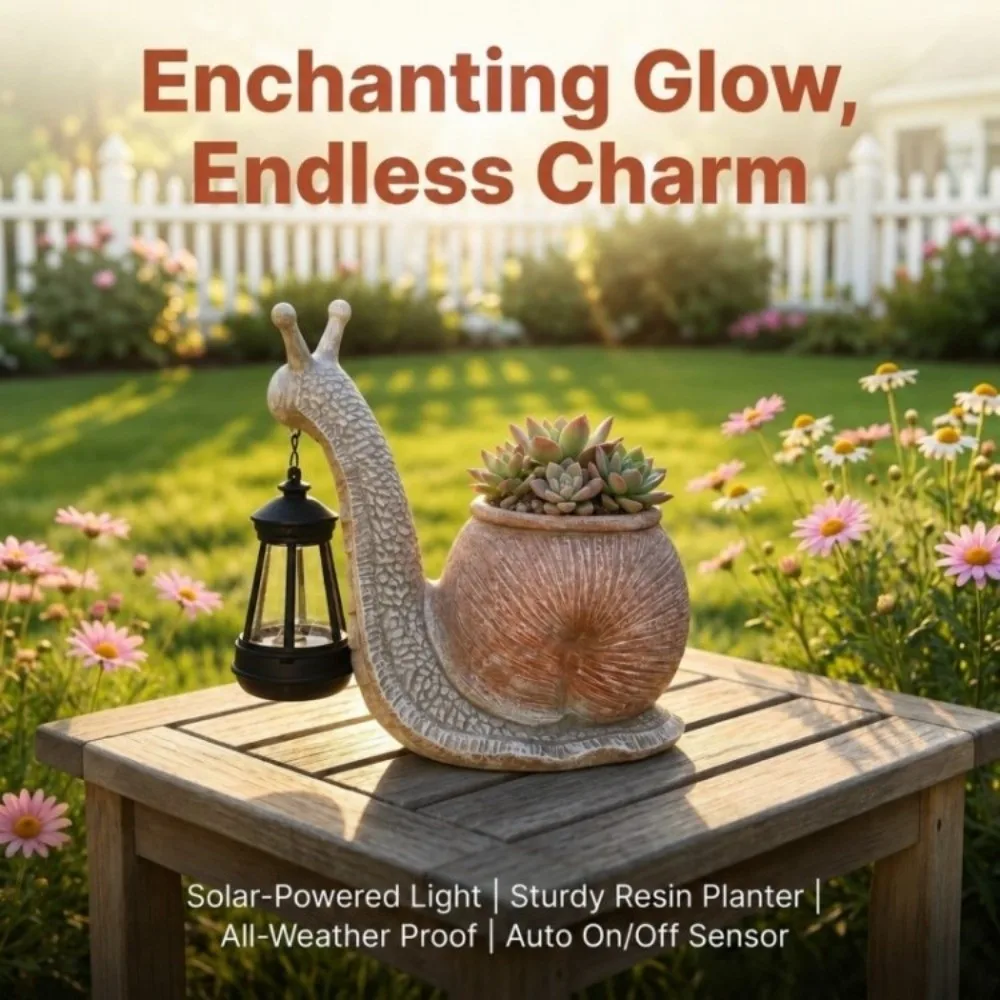 Resin Snail Statue Planter Decorative Sun Proof Snail Holding Solar Lantern Eco Plant Pot with Warm LED Light