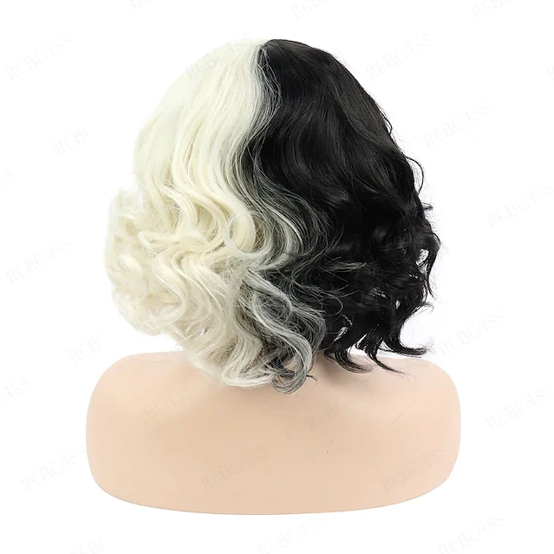 Hairjoy synthetisches haar cosplay cruella lose locken bob mit ordentlich knall schwarz weiß perücke für frauen halloween kostüm – Detail 11
