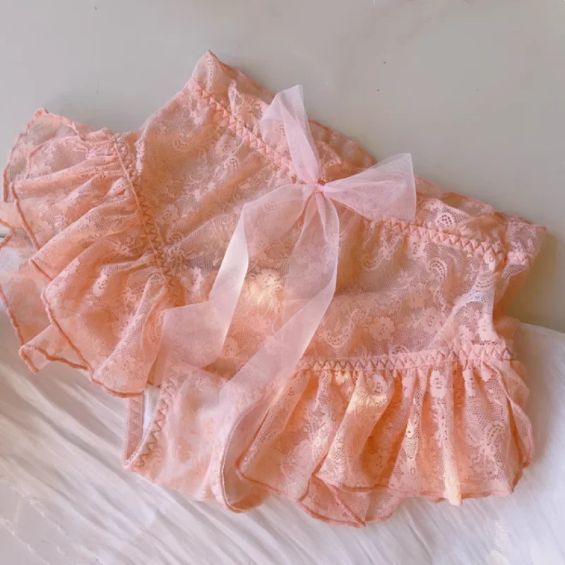 

Couple Sexy Lolita Lace Mesh Underwear Bow Sweet Medium High Waist Panties Sissy Ruffles Comfortable BF Private Party Briefs