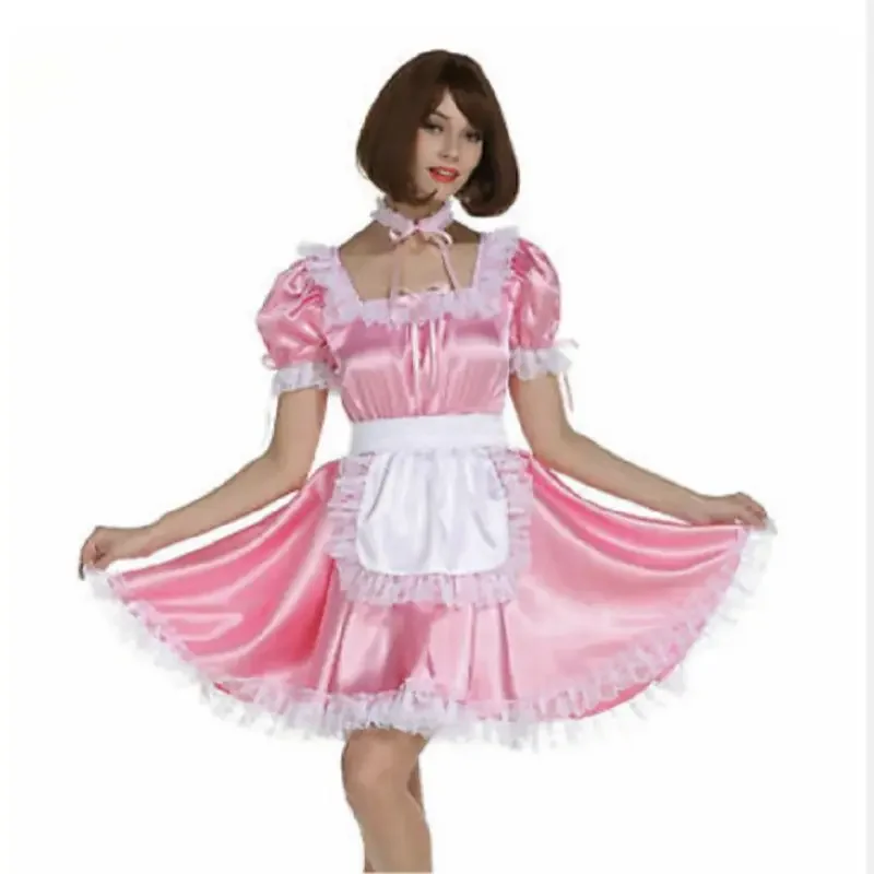 

Lockable sissy girl maid square neck baby satin pink dress cosplay costume women Halloween costume adult Customized
