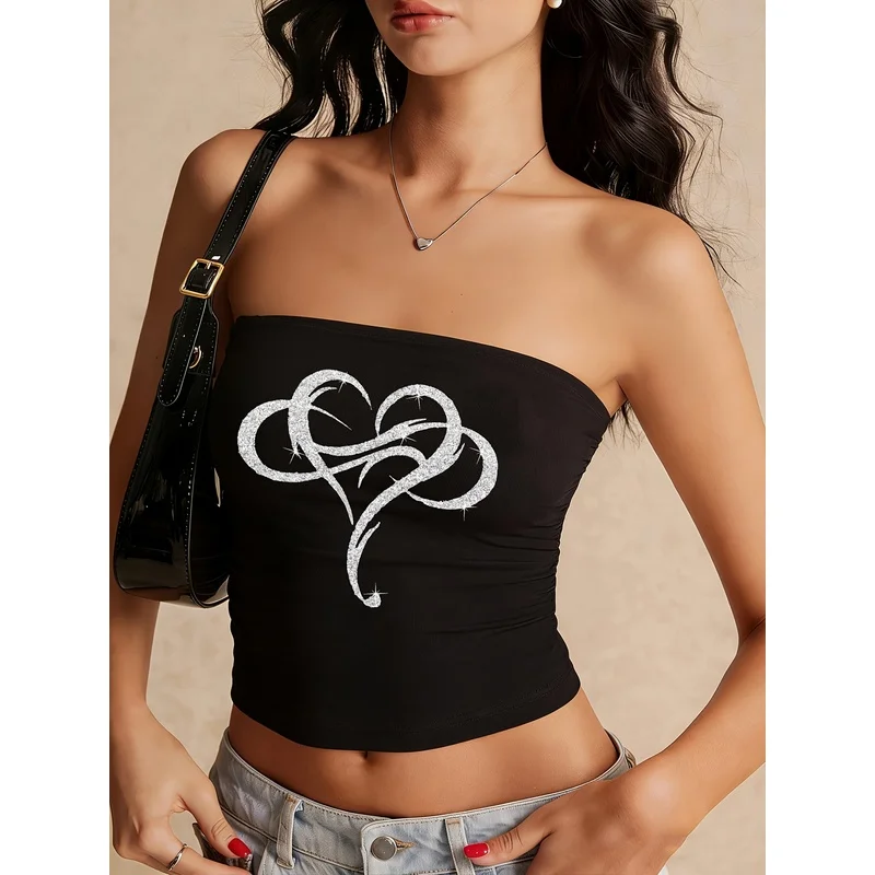 Glitter Silver Swirl Heart Print Tube Top Women Y2K Aesthetic Strapless Black Cropped Bandeau Top