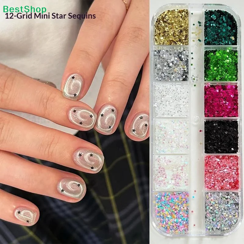 ♥ مجموعة لامعة لفن الأظافر على شكل نجمة مكونة من 12 حجرة مقاس 2 مم |   ترتر متعدد الألوان لديكور المانيكير
