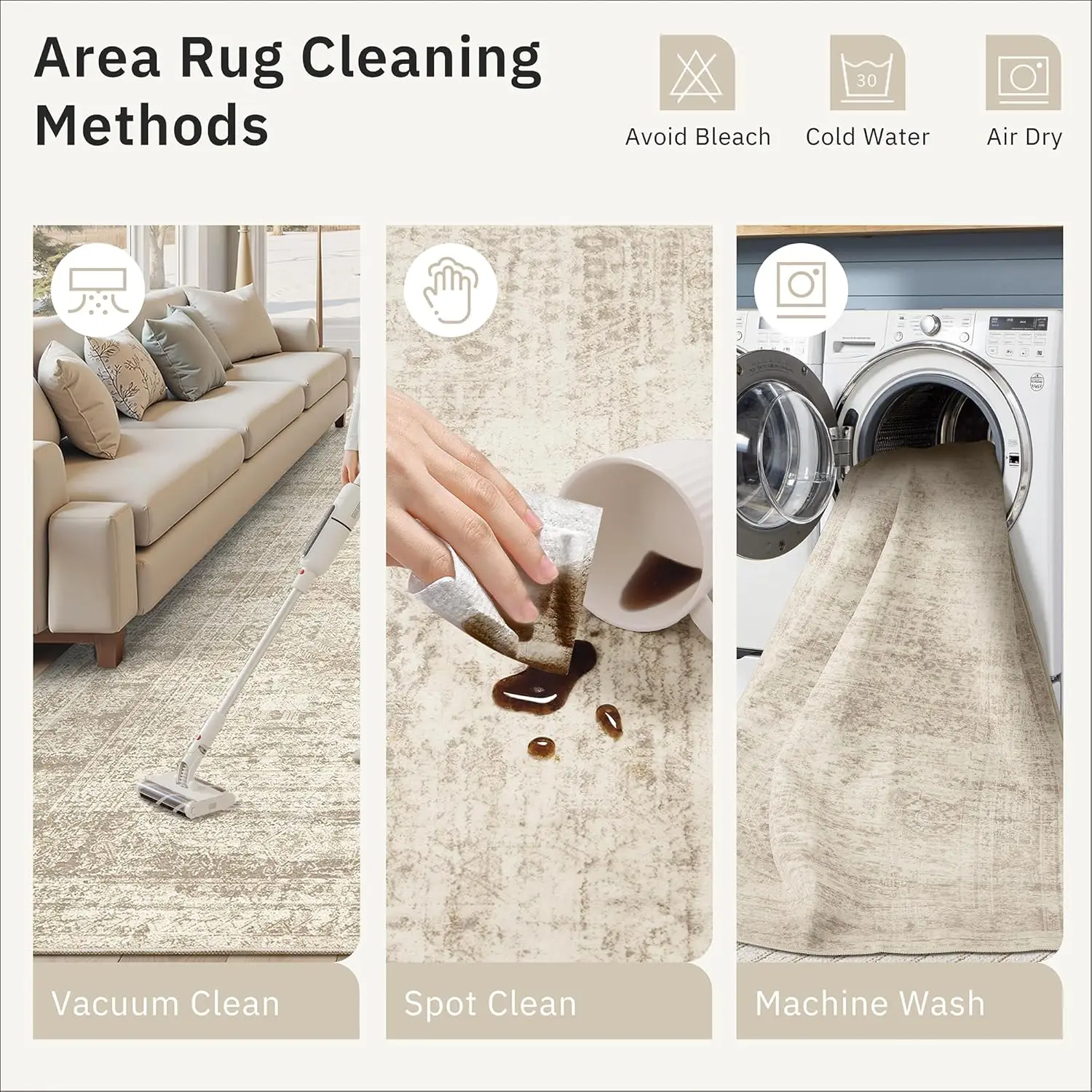 Washable 6x9 Area Rug for Living Spaces - Modern Beige Indoor Rugs with Non-Slip Feature for Bedrooms and Dining Areas 5