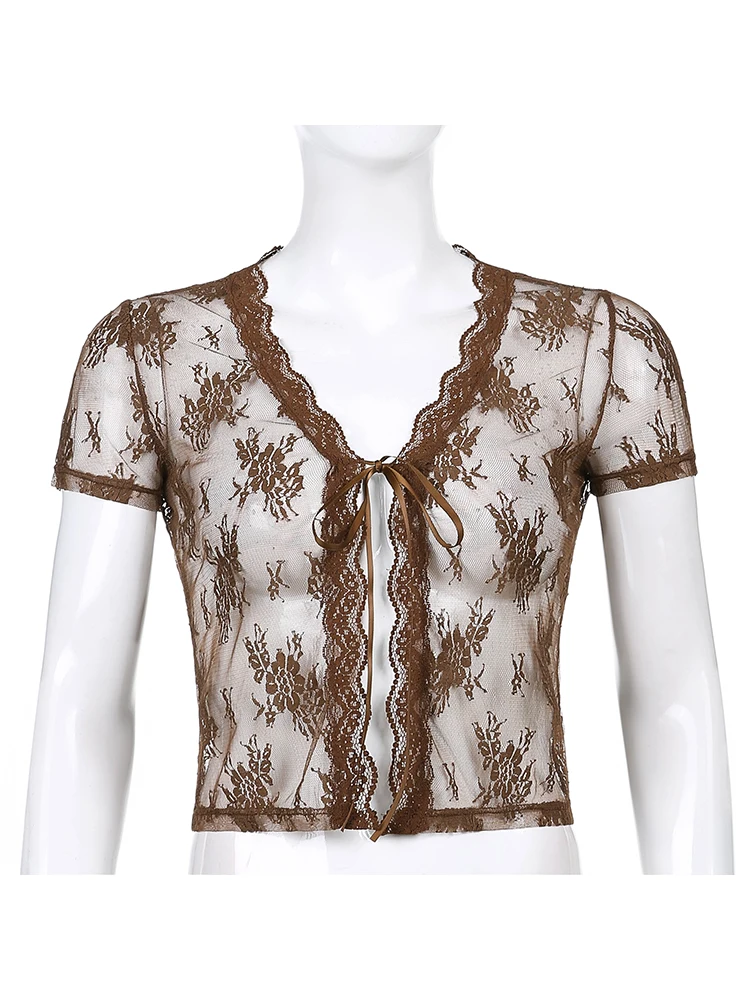 Sweetown Brown Vintage New Lace Crop Top Short Sleeve See Through Sexy Mesh Woman Tshirts V Neck Lace Up Floral Kawaii Clothes