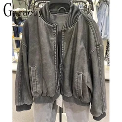 Garaouy 2023Autumn Washed Worn Out Short Jacket Stand Collar Long Sleeve Faux Leather Baseball Uniform Women Loose Coats Outwear