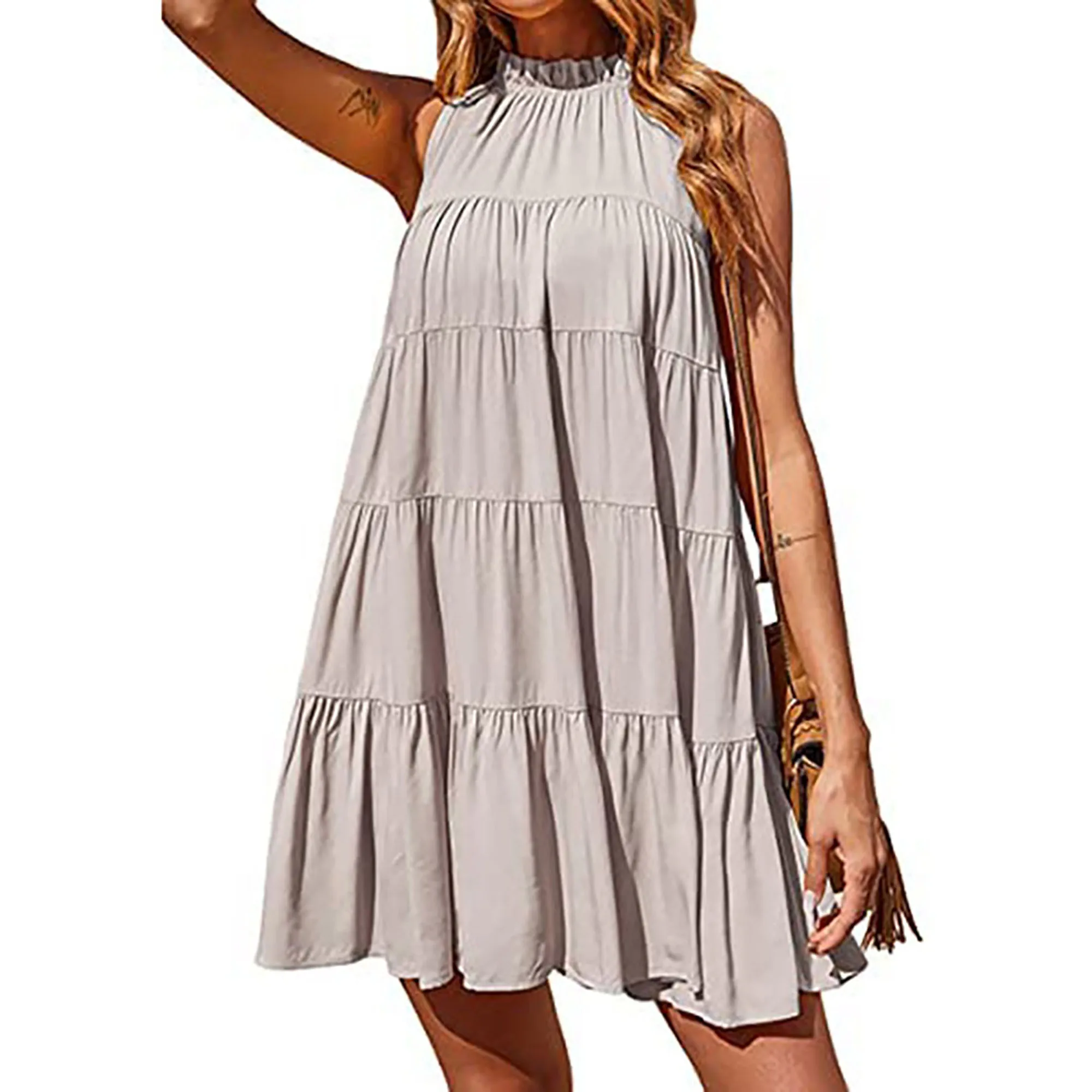 2024 Europe and the United States spring and summer new women's dress sleeveless round neck ruffled pleated loose dress