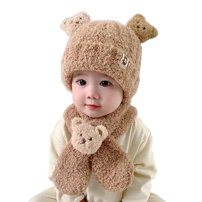 Bear Plush Hat Cap Winter Warm Hat Neck Scarf Set for Infant Toddler for Infant Girls Boys 5-36 Months