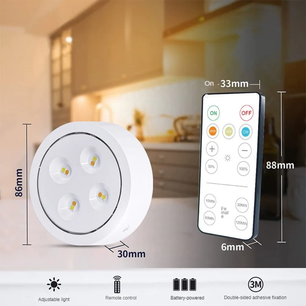 LED Spotlight Wireless Cabinet Kitchen Undercounter Lighting  Press Remote Control Small Night Lamp Ambience Light