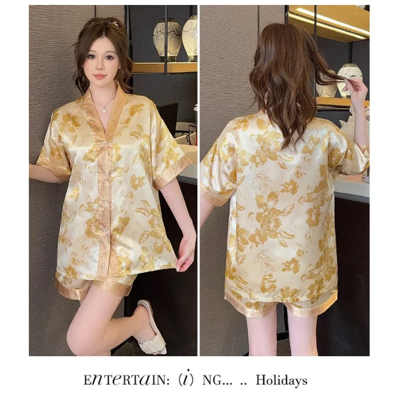 أنيقة الساتان فراشة طباعة الجليد لباس نوم من الحرير قصيرة الأكمام ملابس المنزل مجموعة للنساء الصيف نمط جديد رقيقة قطعتين دعوى