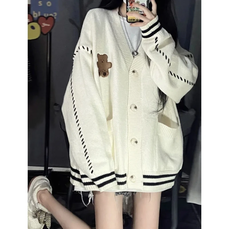 Cardigan Jacket Knitted Women\'s Autumn Loose Letter Cute Teddy Bear Soft and Lazy Design Sense Niche Sweater